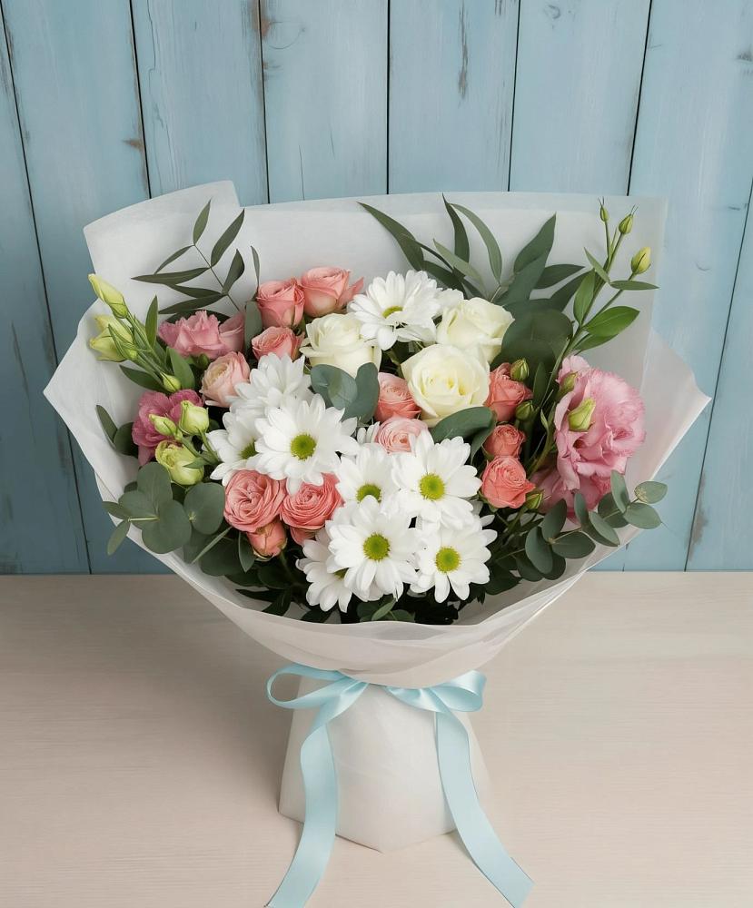 Букет цветов из: Розы, Лизиантусы и Хризантемы в Барышево
