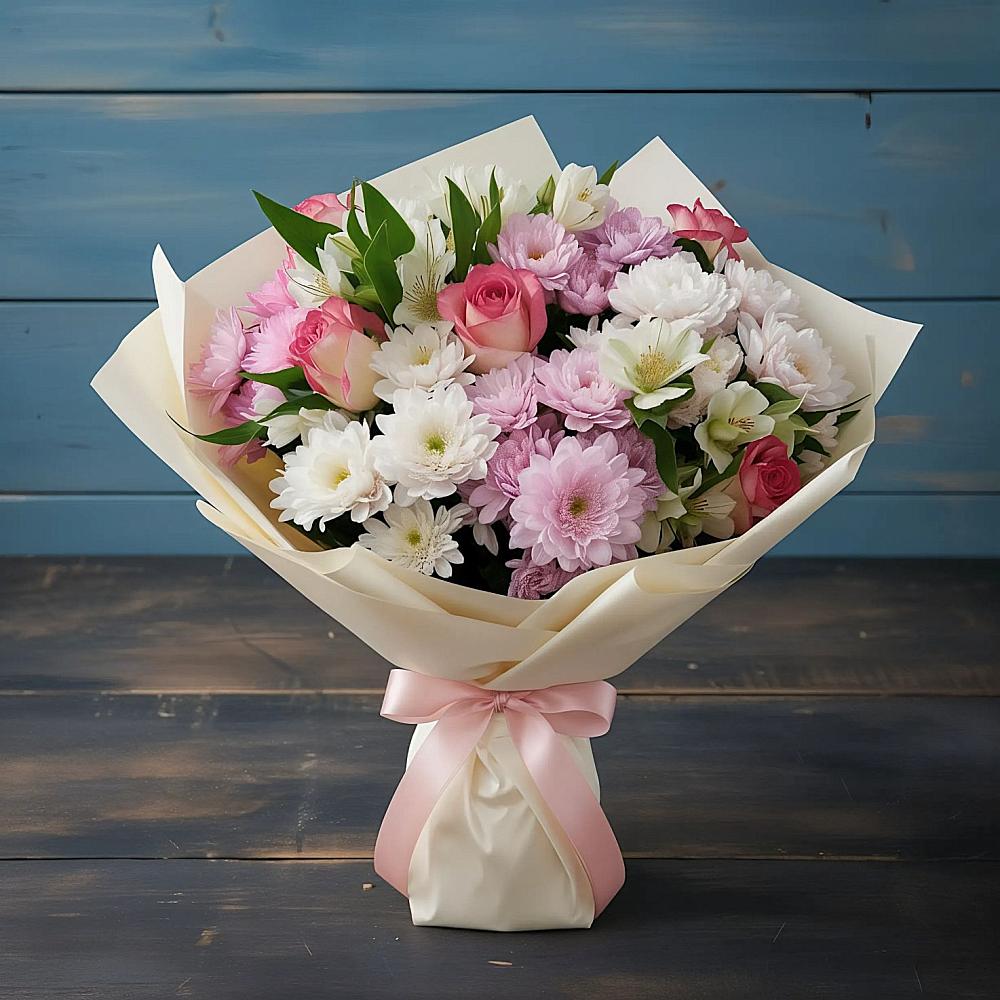 Букет цветов из: Хризантемы, Альстромерии и Розы в Барышево